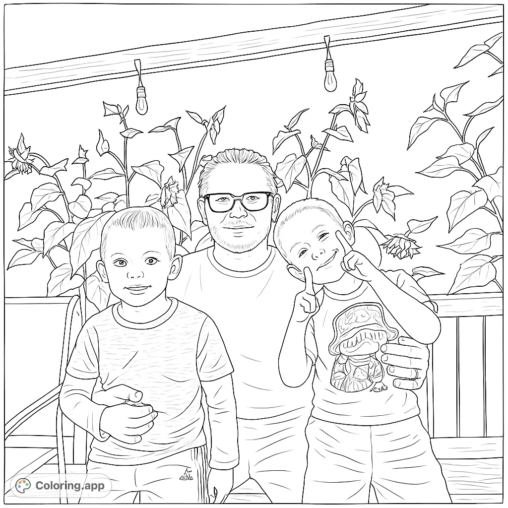A heartwarming family portrait coloring page featuring a father and his two cheerful sons amidst lush garden foliage, perfect for a free printable coloring page.