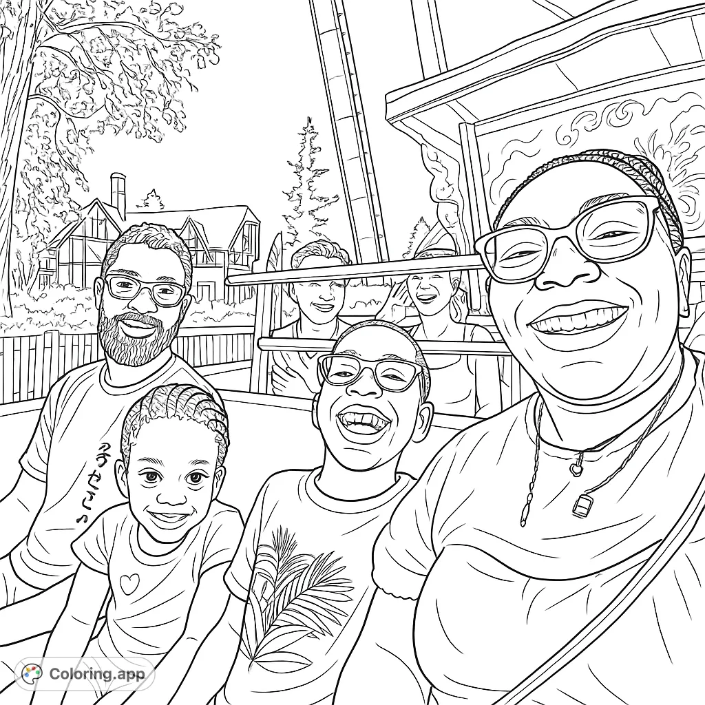Capture the joy of a family selfie on an amusement park ride. A free printable family fun coloring page for all ages, perfect for creative expression.