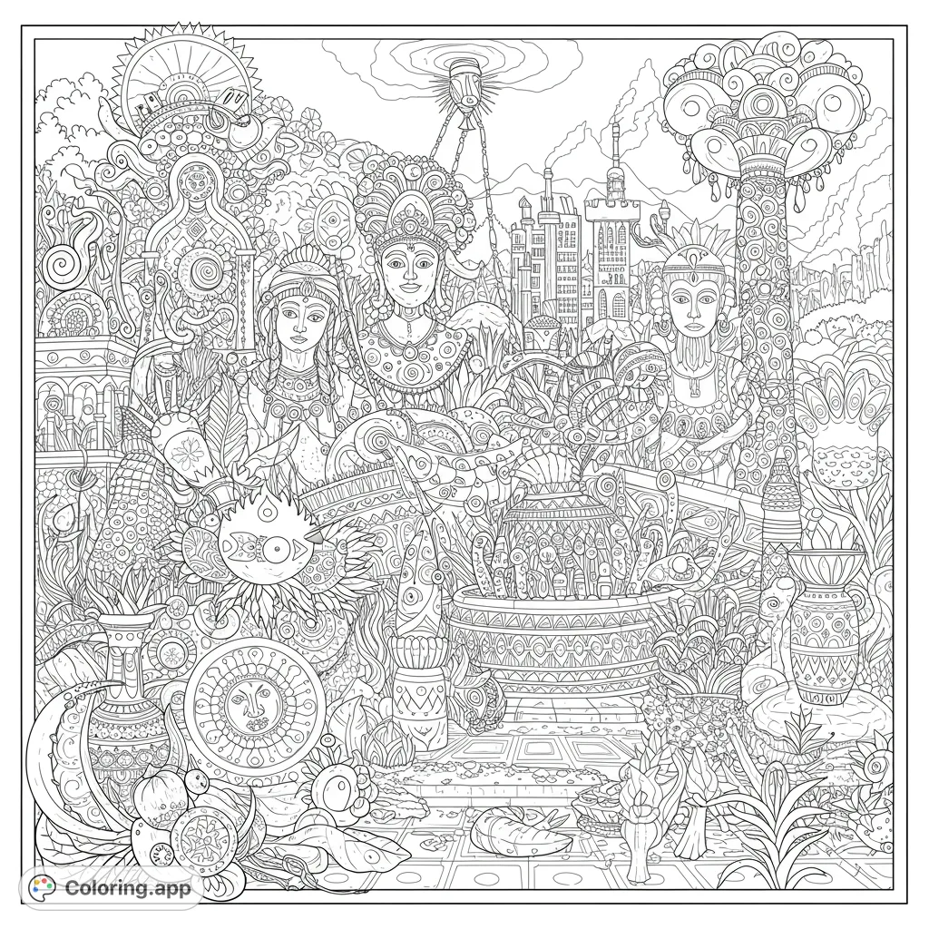 Intricate mythical figures amidst a fantastical landscape filled with ornate patterns, lush foliage, and ancient architecture. A detailed coloring challenge.