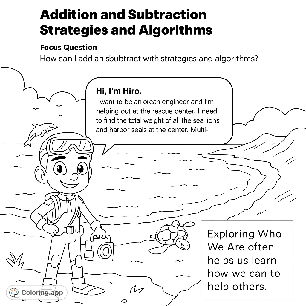 An exciting ocean adventure coloring page featuring a boy in a wetsuit, a playful dolphin, and a sea turtle on a sandy beach.