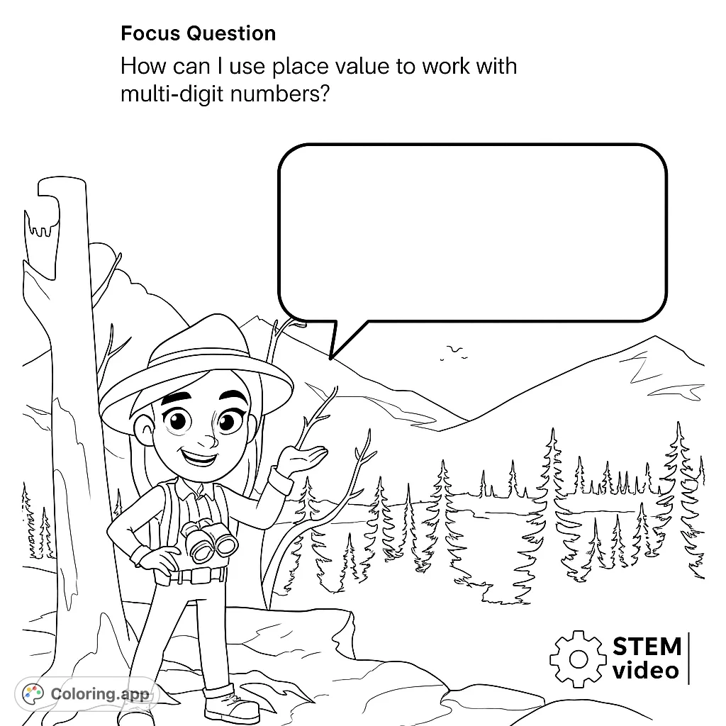 Explore nature with a friendly park ranger on a cliff overlooking a serene lake and mountains. A perfect adventure coloring page for all ages.