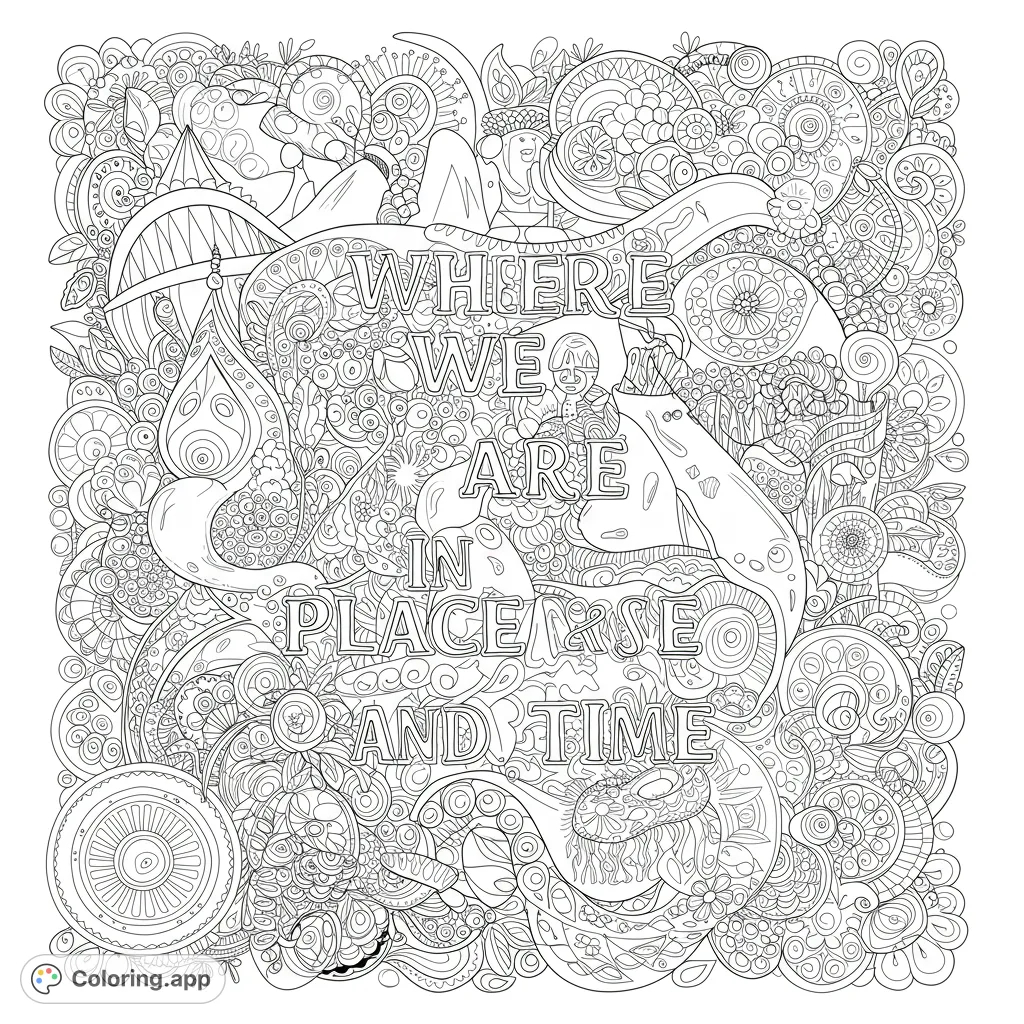 An intricate doodle art coloring page featuring the quote 'WHERE WE ARE IN PLACE & TIME' amidst a dense tapestry of abstract patterns.