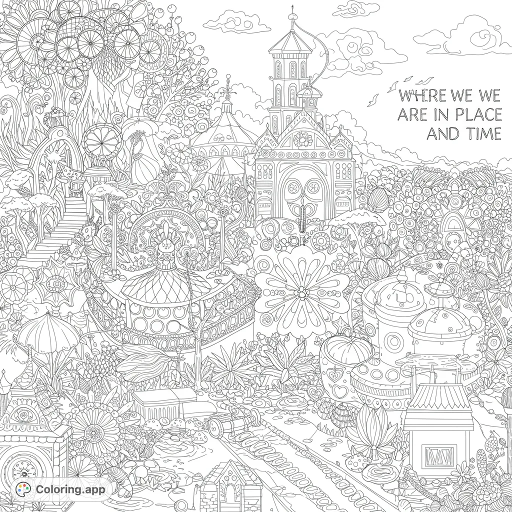 Explore an enchanting, highly detailed whimsical fantasy landscape featuring an ornate castle, magical flora, and intricate structures, perfect for detailed coloring.