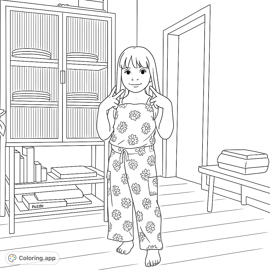 A cheerful girl in a daisy-patterned jumpsuit poses playfully in her room, surrounded by a cabinet with folded clothes and a bench. A fun, free printable coloring page.