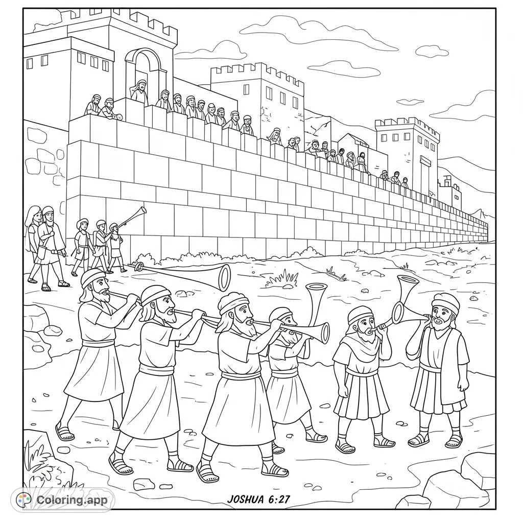 Experience an epic ancient scene! Men blow trumpets before towering city walls, a captivating historical coloring page for all ages.