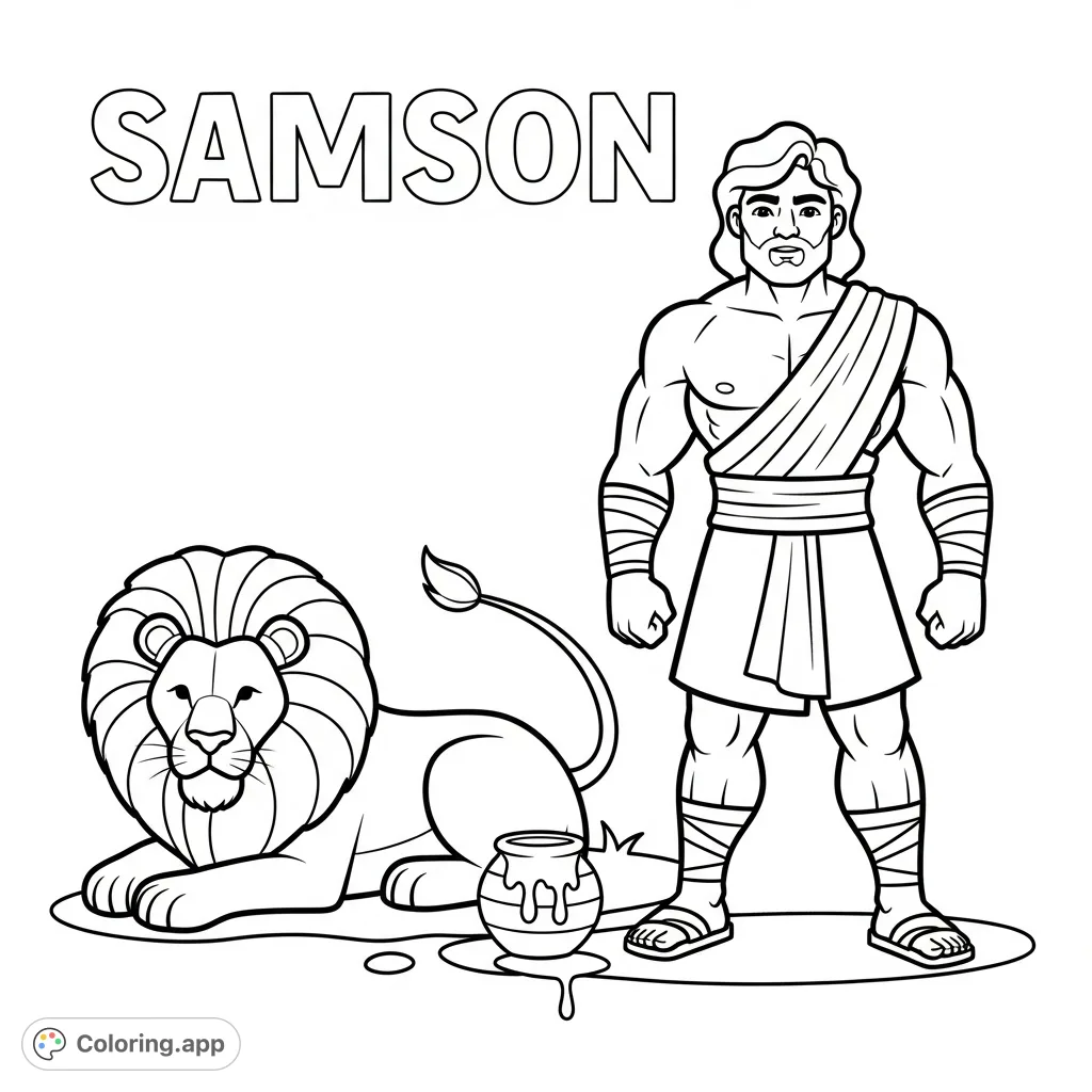 A simple Samson coloring page featuring the strong man, a lion, and a honey pot, perfect for young children to color and learn about strength.