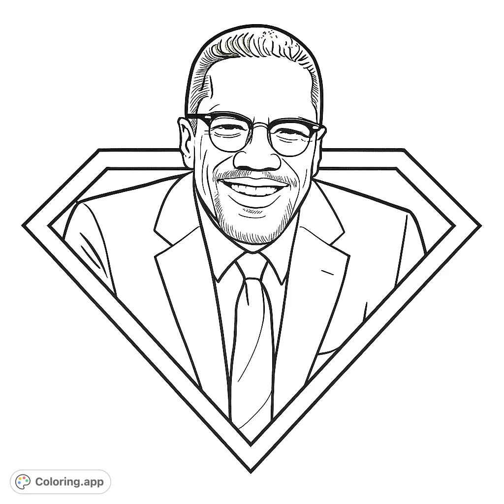 Color a powerful portrait of a smiling figure within a bold, diamond-shaped emblem. Perfect for those who appreciate iconic imagery and historical figures.