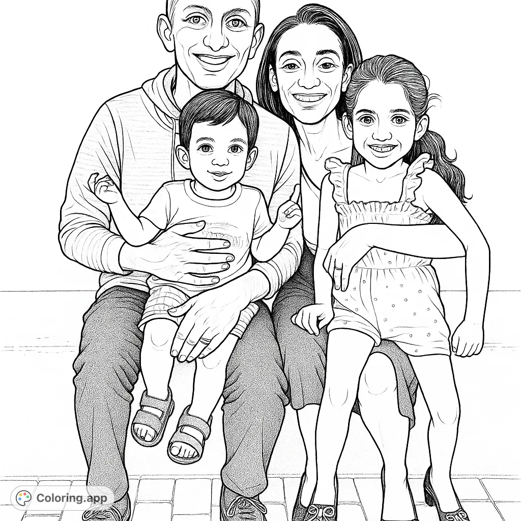 A heartwarming family portrait featuring a smiling father, mother, young boy, and girl. Perfect for a free printable family coloring page.