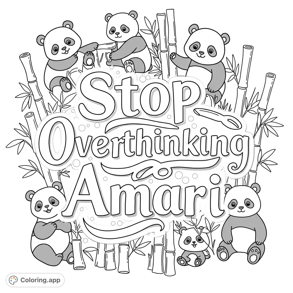 Cute pandas playing among bamboo stalks, a delightful nature-themed free printable coloring page for all ages.