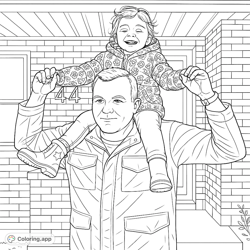 A heartwarming family bonding coloring page featuring a father giving his child a joyful shoulder ride in front of their home. Perfect for all ages!