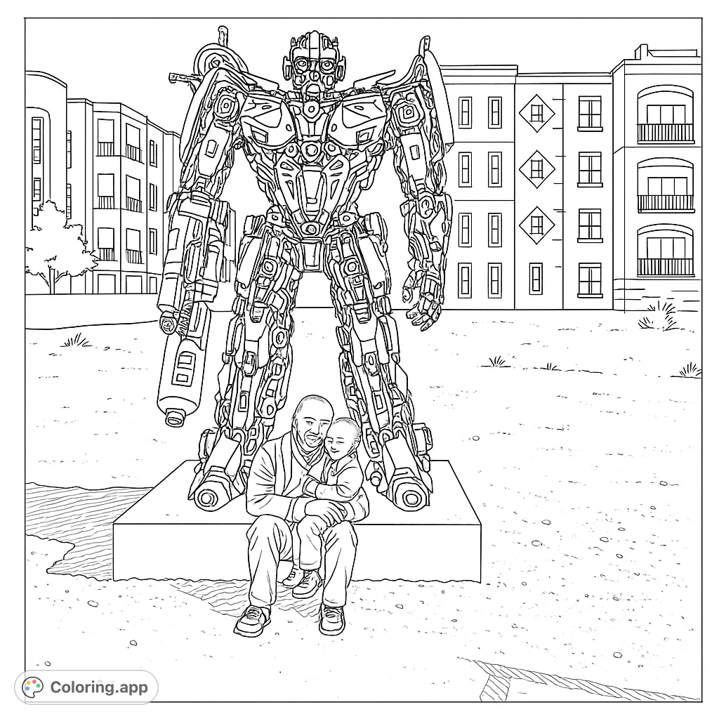 Color a massive robot statue with a loving father and child in a city setting. A detailed sci-fi scene for all ages.
