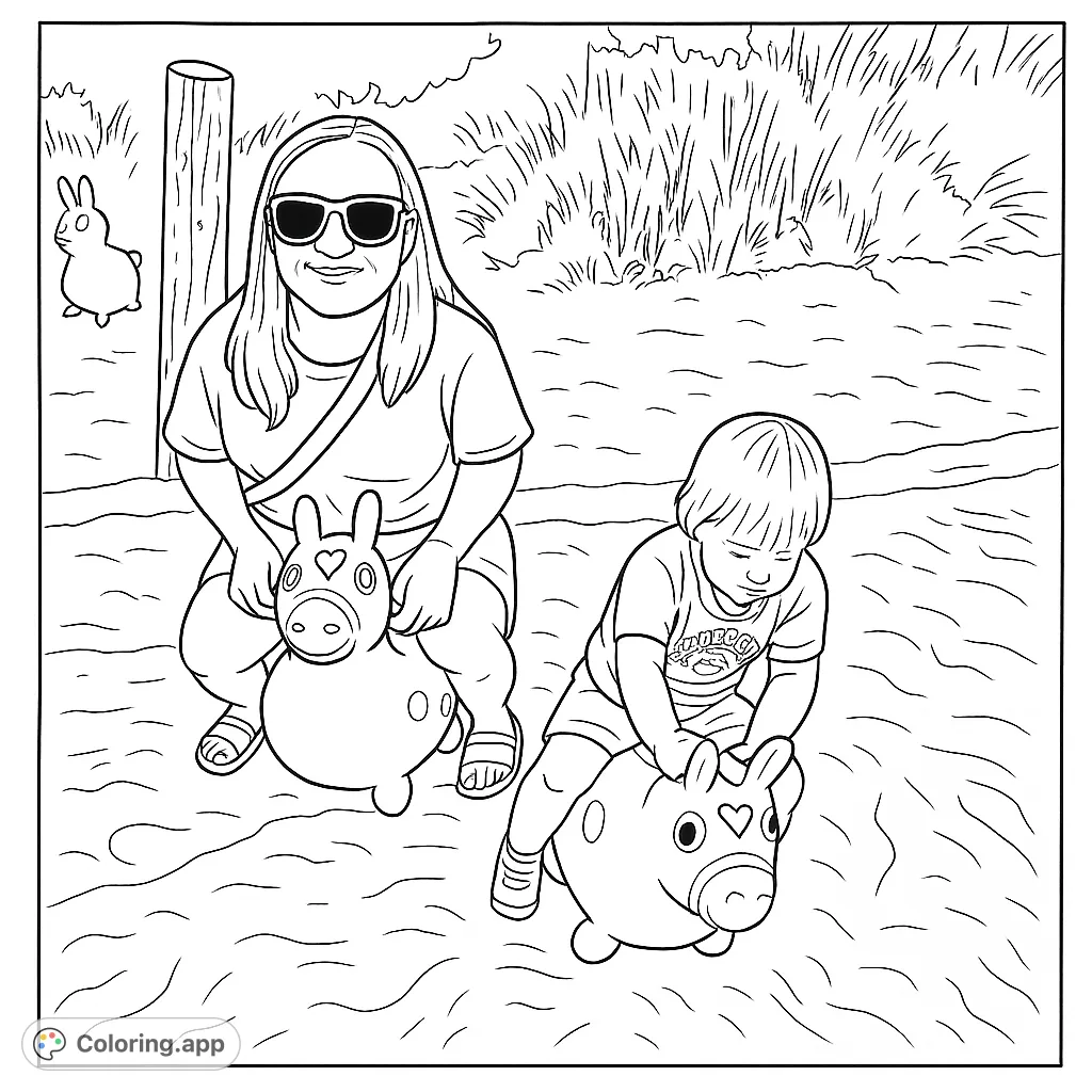 An adult and child enjoy outdoor fun on bouncy horse toys, set against a grassy background with a playful rabbit. A delightful family activity scene.