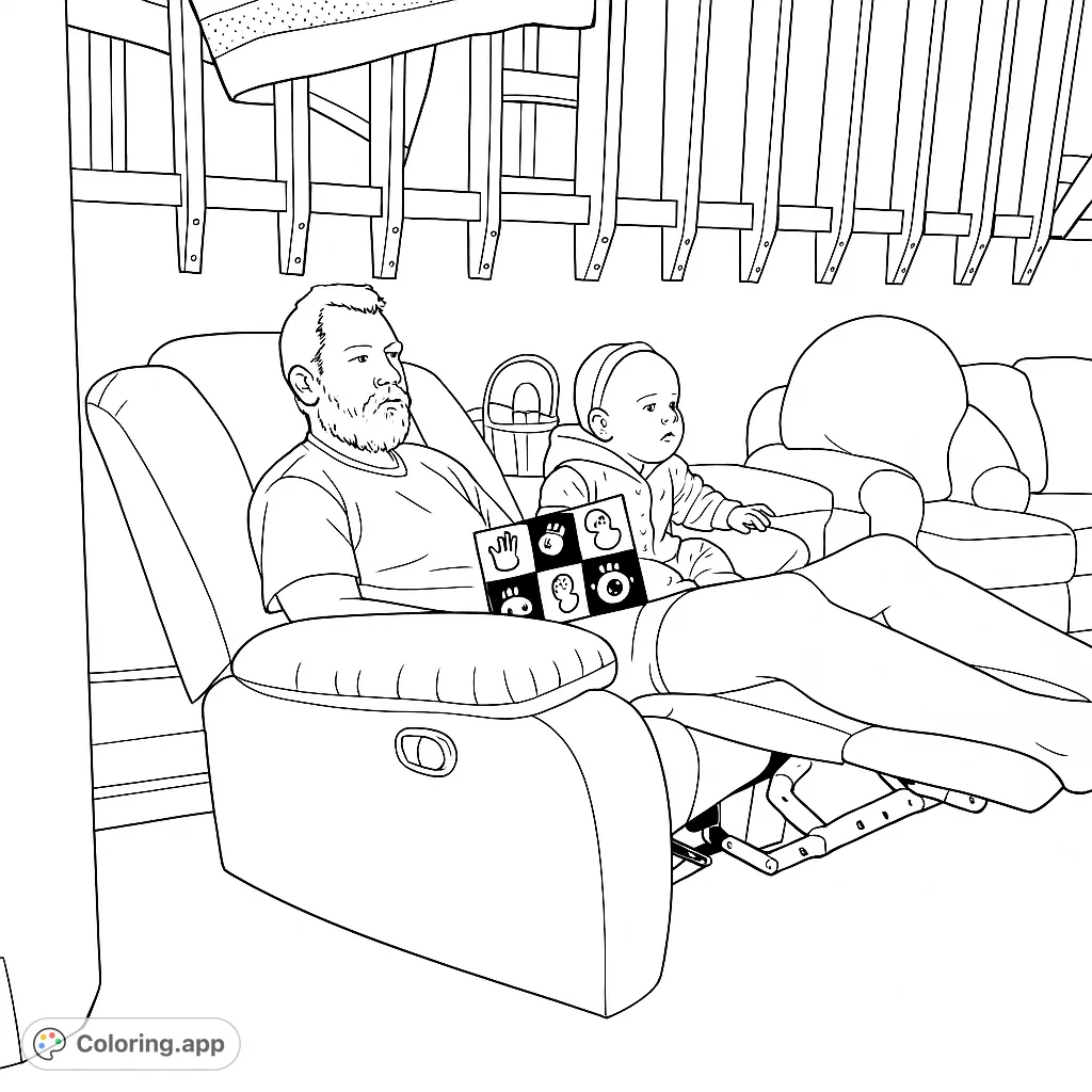 A heartwarming family moment featuring a dad and baby relaxing together in a recliner, sharing a high-contrast baby book. Perfect for all ages.