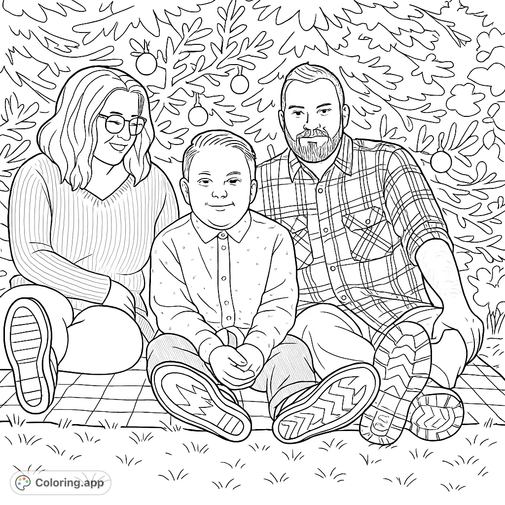A heartwarming family portrait coloring page featuring a mother, father, and child sitting together in front of a festive Christmas tree. Perfect for holiday fun!