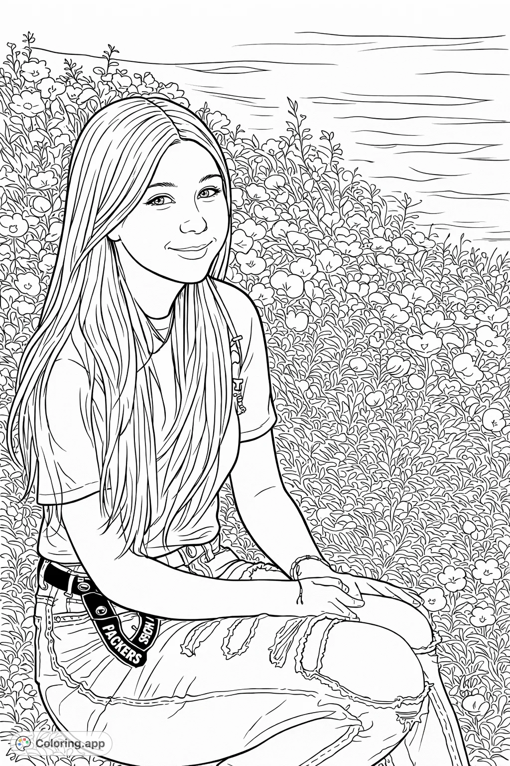 A charming coloring page featuring a young person sitting by a calm body of water, surrounded by delicate blooming flowers. Perfect for nature and portrait enthusiasts.