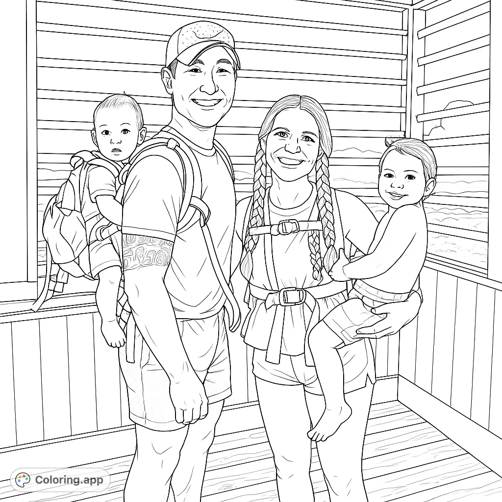 A heartwarming family hiking portrait featuring parents with two babies in carriers, set against a scenic outdoor backdrop. A perfect family coloring page.