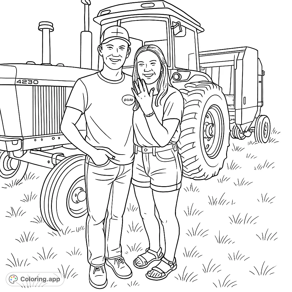 A happy couple stands in a grassy field before a large farm tractor, celebrating a special moment. This farm life coloring page is a free printable for all ages.