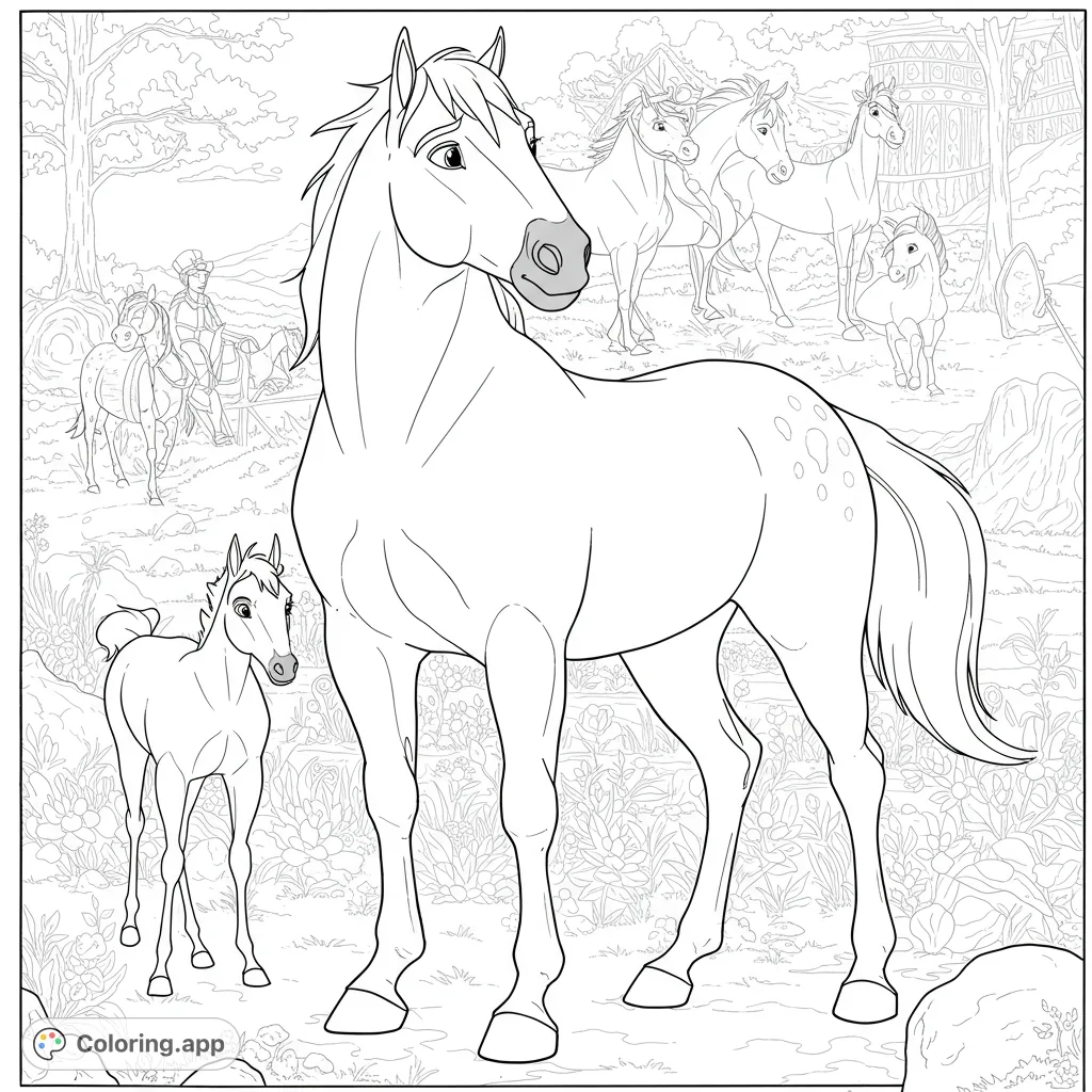 A majestic horse and its foal stand in a lush natural setting, surrounded by other horses and rustic dwellings. A beautiful free printable horse coloring page.