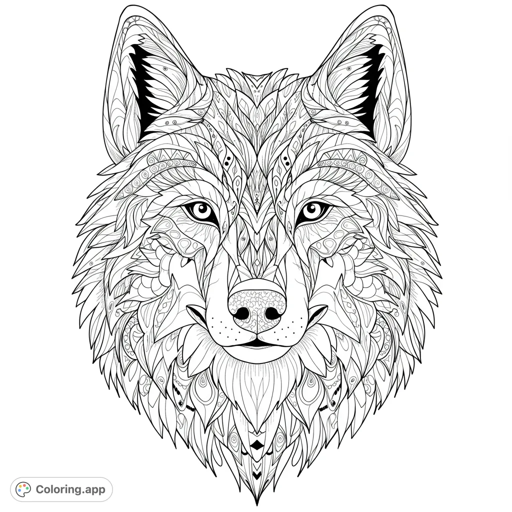 Detailed wolf head with intricate zentangle patterns, perfect for mindful coloring. A free printable wolf coloring page for adults and teens.