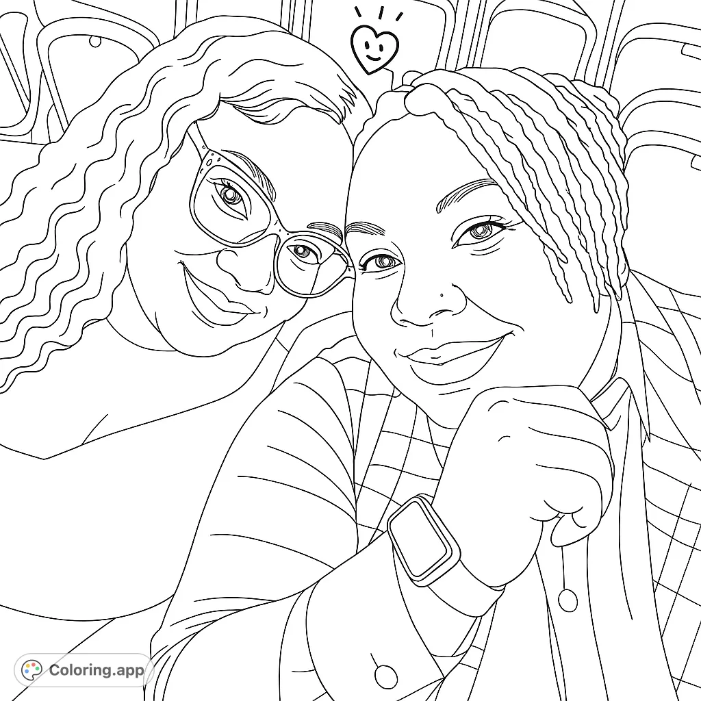 A heartwarming portrait of two smiling women, perfect for a friendship coloring page. Features glasses, dreadlocks, and a smartwatch, with a cute heart icon.