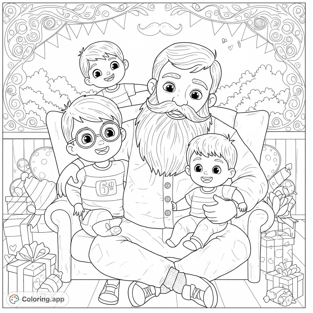 A heartwarming family coloring page featuring a bearded man with three happy boys, surrounded by gifts and festive decorations. Perfect for family fun!