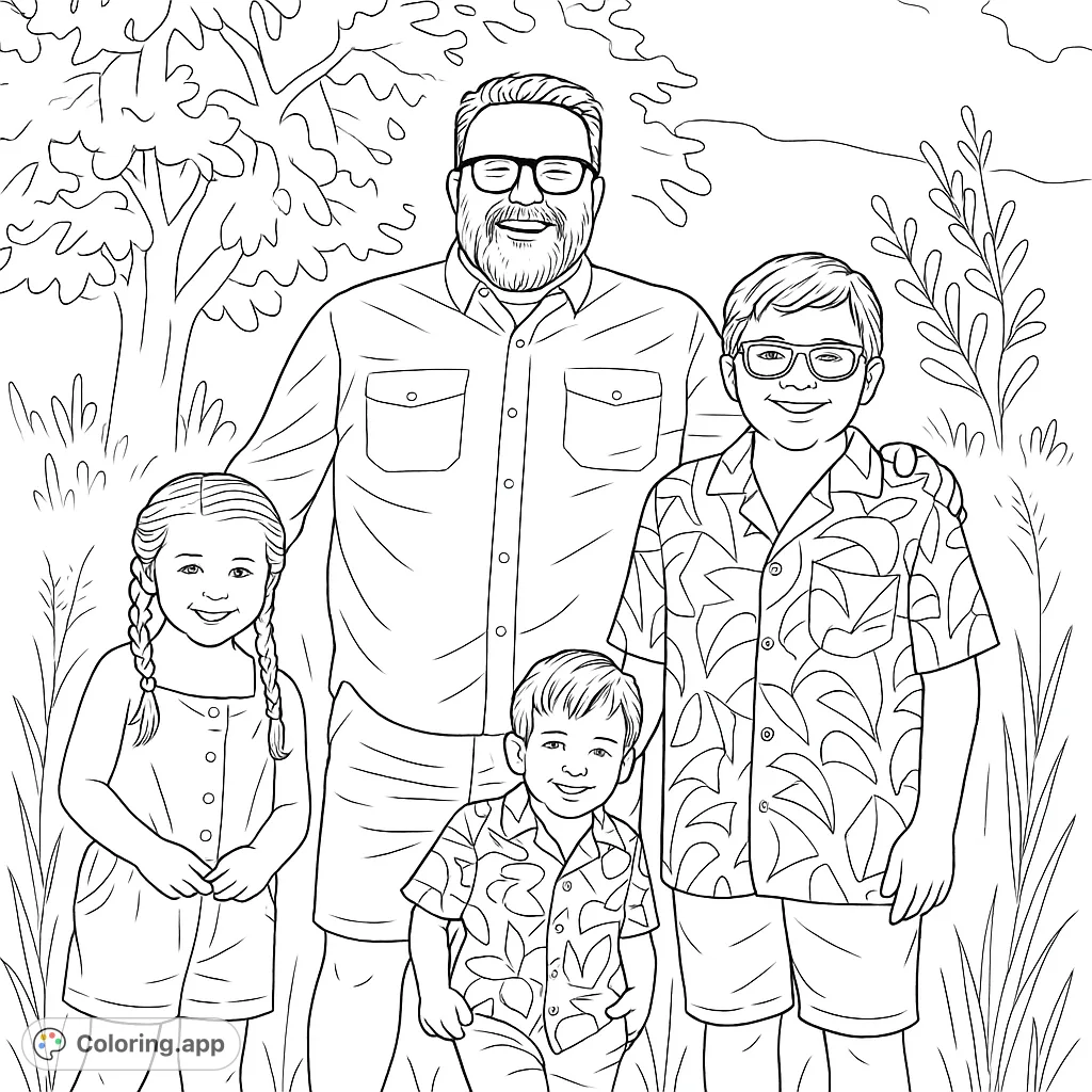 A heartwarming family portrait coloring page featuring a father and his three children smiling outdoors amidst trees and grass. Perfect for all ages.