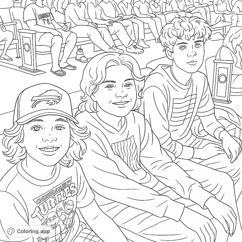Three smiling boys at a lively event, surrounded by an audience. A fun, free printable coloring page for kids and adults.