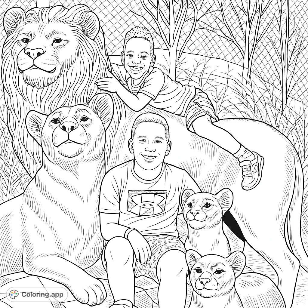 An exciting wildlife adventure coloring page featuring two happy boys posing with a majestic lion, a lioness, and two adorable lion cubs in a zoo setting.