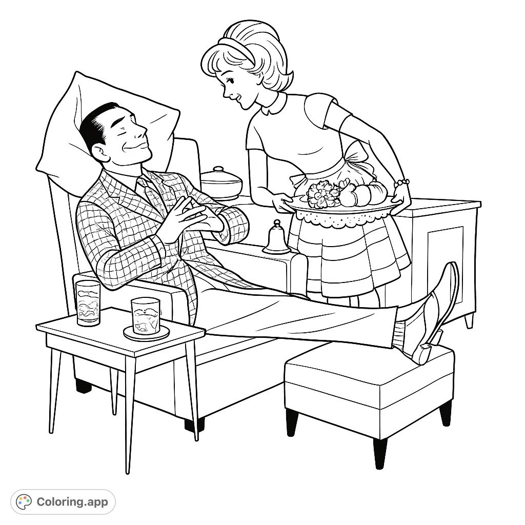 A charming retro scene of a woman serving a contented man breakfast in bed. Perfect for a relaxing coloring experience.
