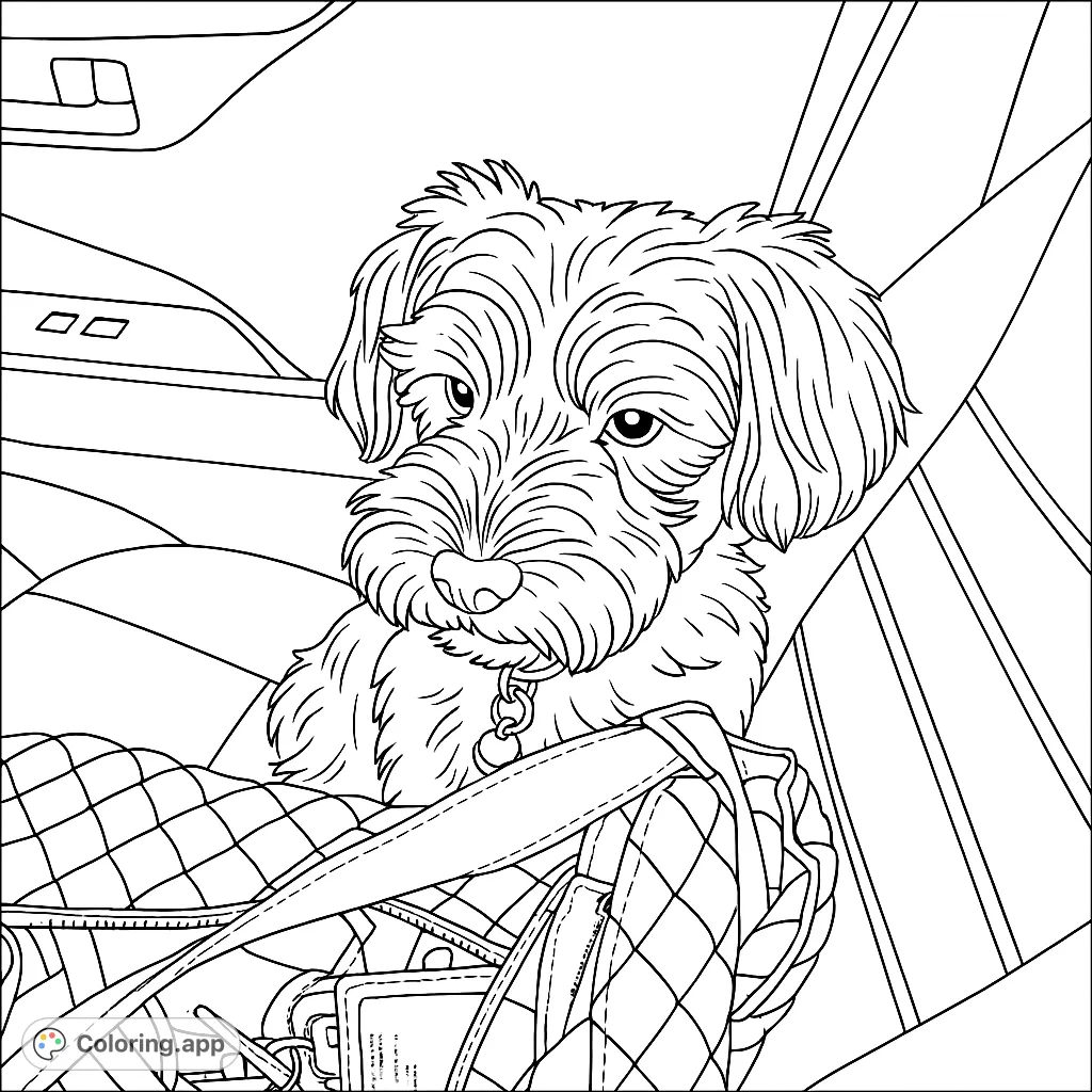 An adorable fluffy puppy sits ready for adventure in a car, with a quilted bag and keys. A charming free printable dog coloring page.