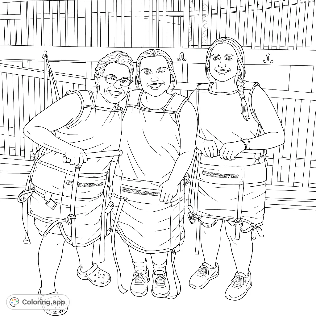 Capture the joy of adventure with this free printable adventure activity coloring page featuring three smiling friends in harnesses, ready for fun!