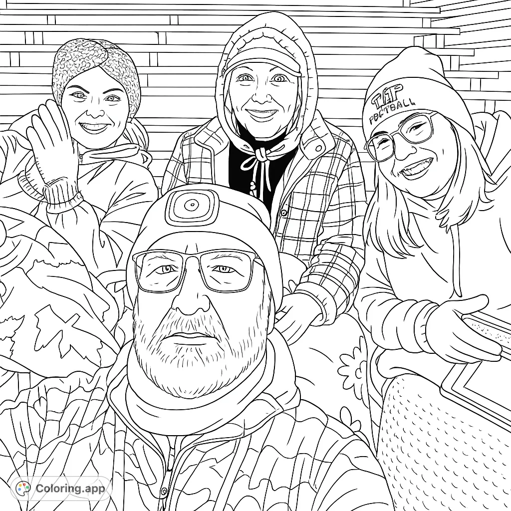 A heartwarming group of four people in cozy winter attire, smiling and enjoying an outdoor gathering. Perfect for a family-themed coloring page.