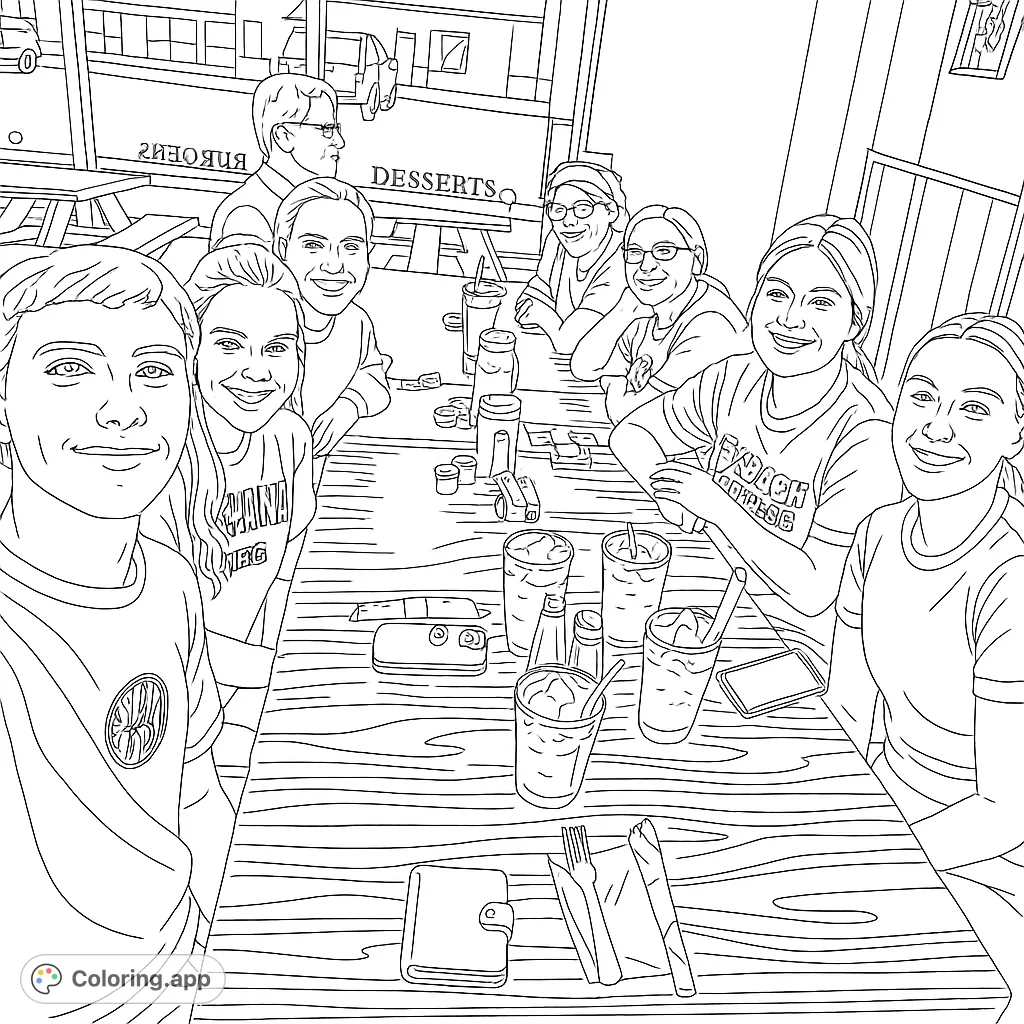 A cheerful group of friends enjoys a meal at a lively restaurant. Features smiling faces, drinks, and a detailed table setting. A fun social scene.