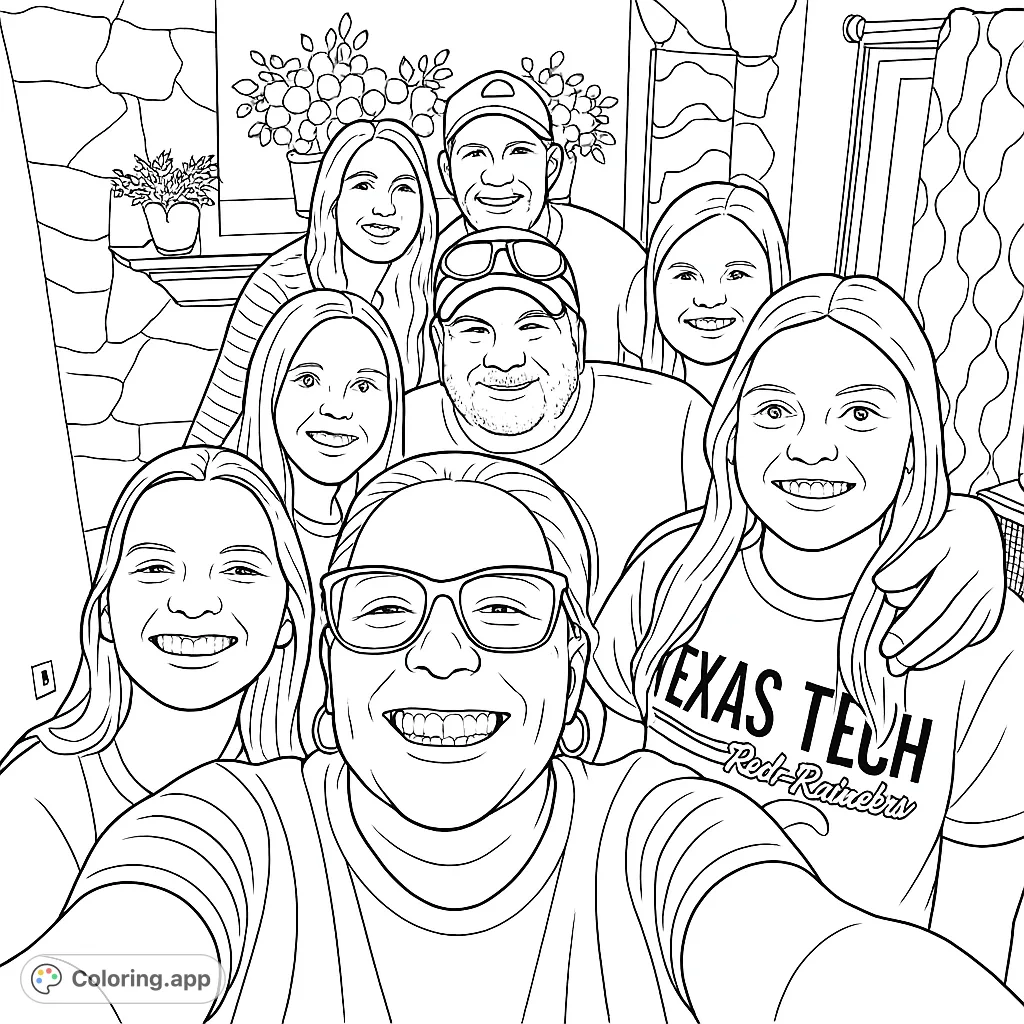 A joyful family group selfie featuring seven smiling individuals, perfect for a personalized coloring experience. Free printable family coloring page for all ages.