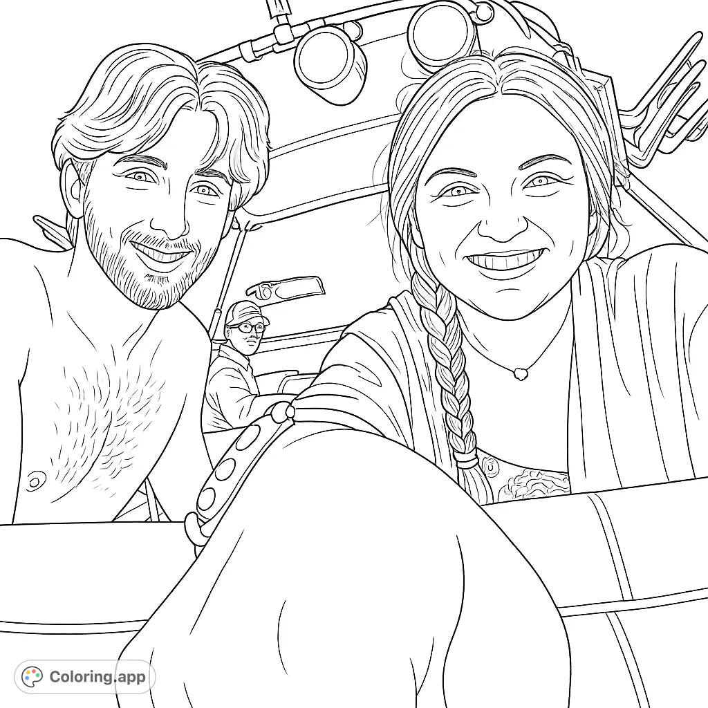 Smiling duo on a boat, capturing a fun moment with a third person in the background. A joyful scene perfect for a relaxing coloring session.