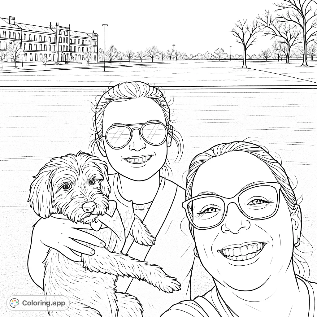 A heartwarming selfie coloring page featuring two smiling women and their adorable fluffy dog, set against a scenic outdoor backdrop. Perfect for all ages!