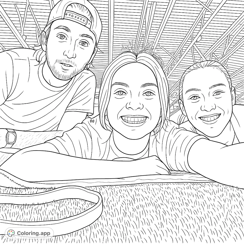 Three happy friends capture a joyful selfie, perfect for a fun coloring session. Expressive faces and intricate details await your creative touch.