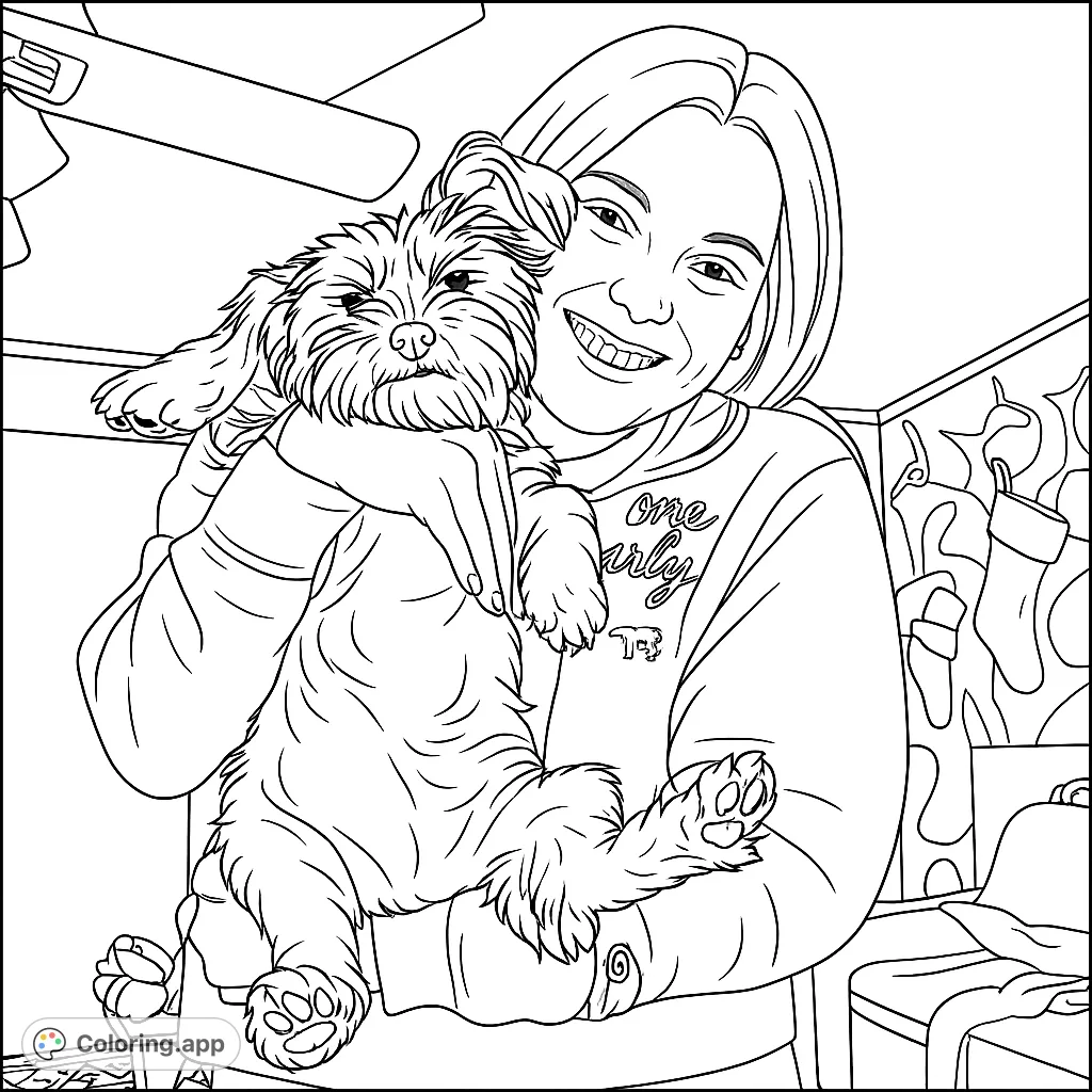 A heartwarming pet portrait coloring page featuring a smiling person holding a fluffy dog, perfect for animal lovers and family fun.