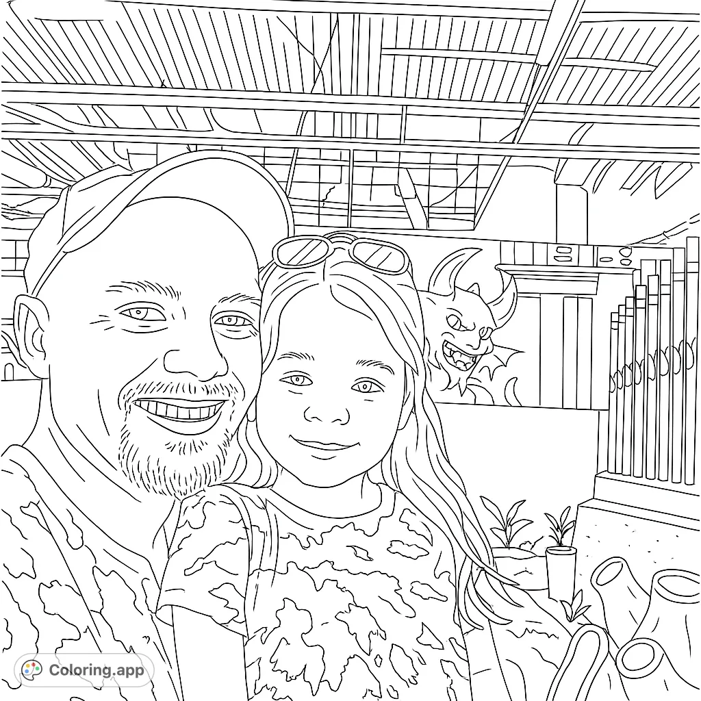 A heartwarming father-daughter selfie at a unique venue, featuring a smiling duo and a fun, detailed background with a monster figure.