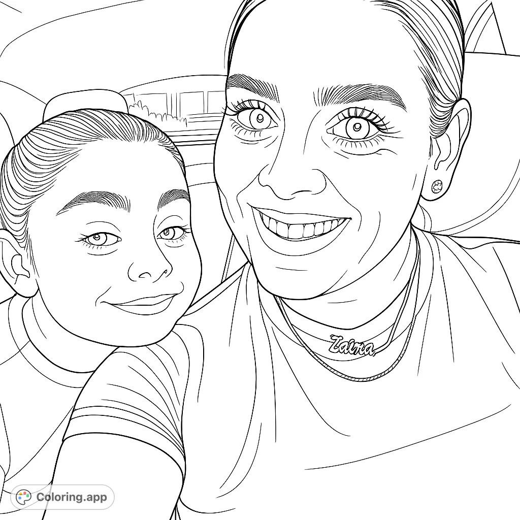 A heartwarming mother and daughter selfie, perfect for a free printable family portrait coloring page. Capture their joyful expressions.