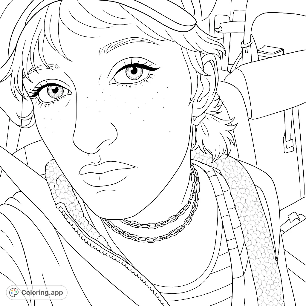 A trendy portrait coloring page featuring a young person with a beanie, expressive eyes, and layered chain necklaces, perfect for fashion enthusiasts.