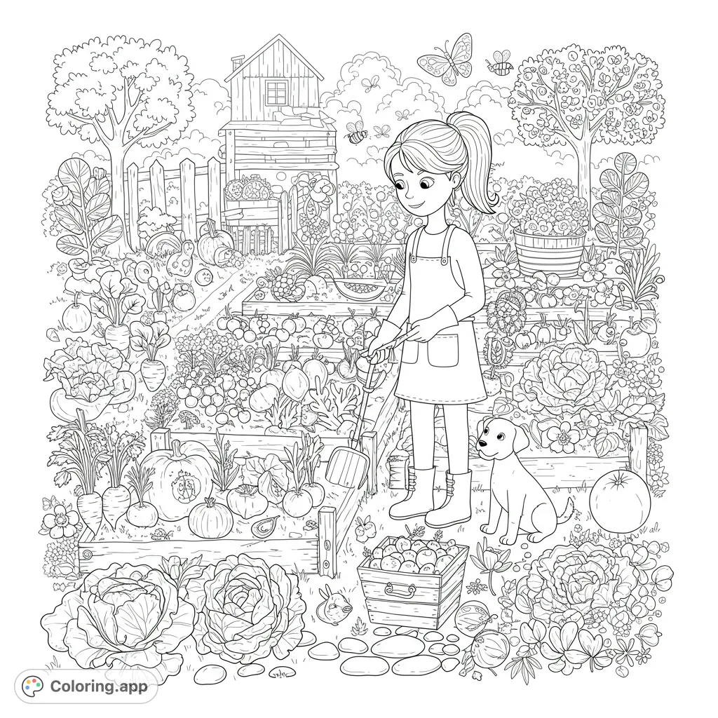 Explore a vibrant garden coloring page featuring a girl, her dog, and bountiful vegetables. A free printable coloring page for all ages.