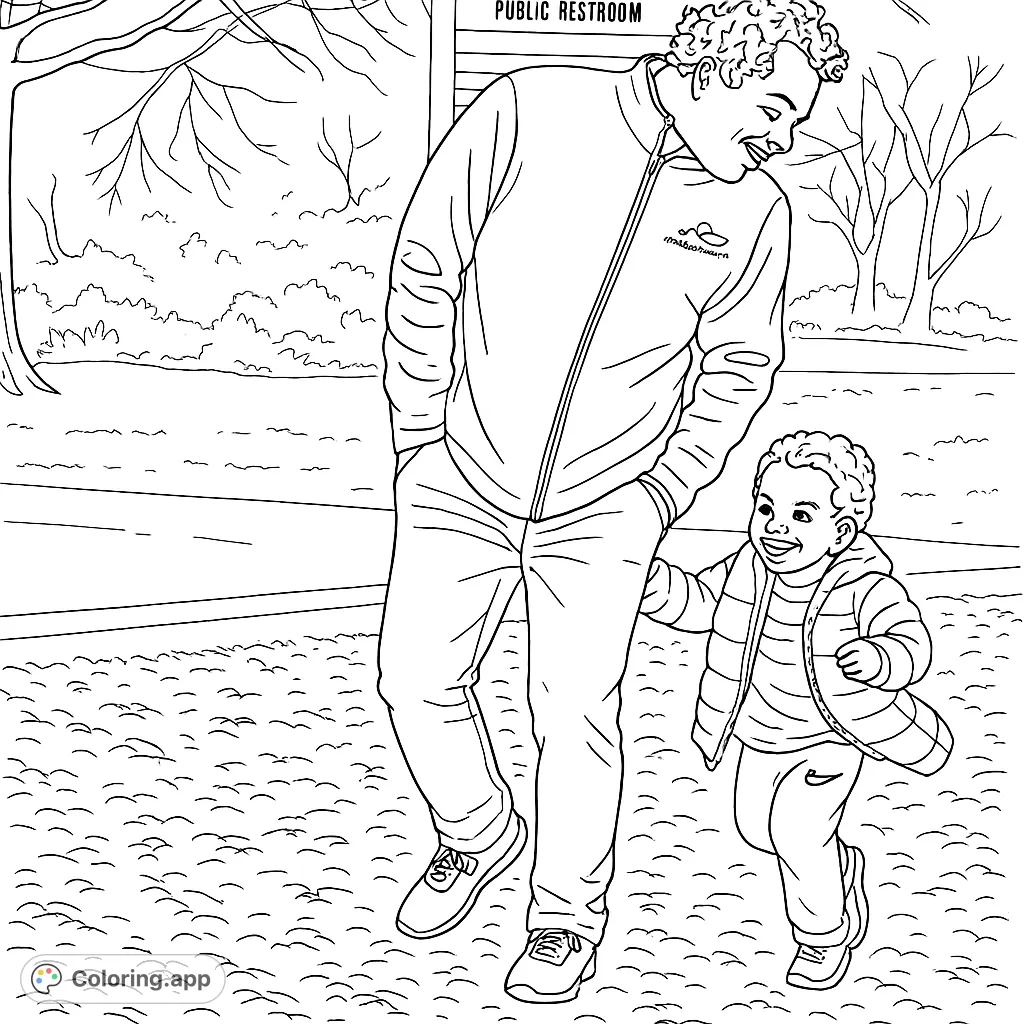 A heartwarming father and son walking hand-in-hand through a park, a free printable family coloring page for all ages.