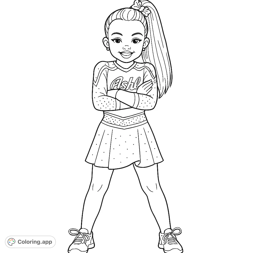 A confident cheerleader girl in uniform, arms crossed, ready to inspire. Perfect for young fans of cheerleading and spirited activities.