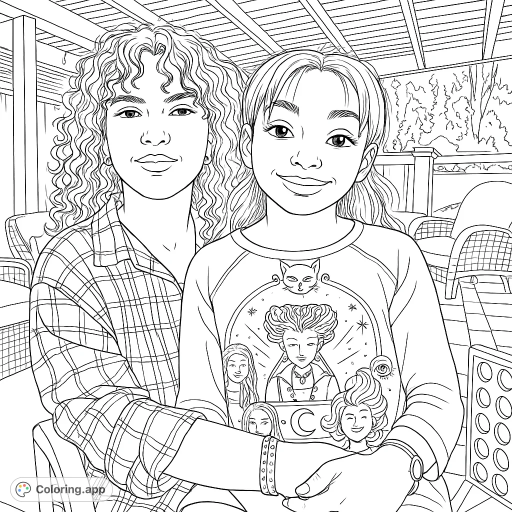 A heartwarming scene of two friends embracing on a patio, featuring intricate details on their clothing and a charming outdoor background. A free printable friendship coloring page.