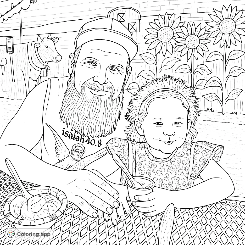 A heartwarming farm family scene featuring a bearded man and a smiling girl enjoying dessert, with a barn and sunflowers in the background.