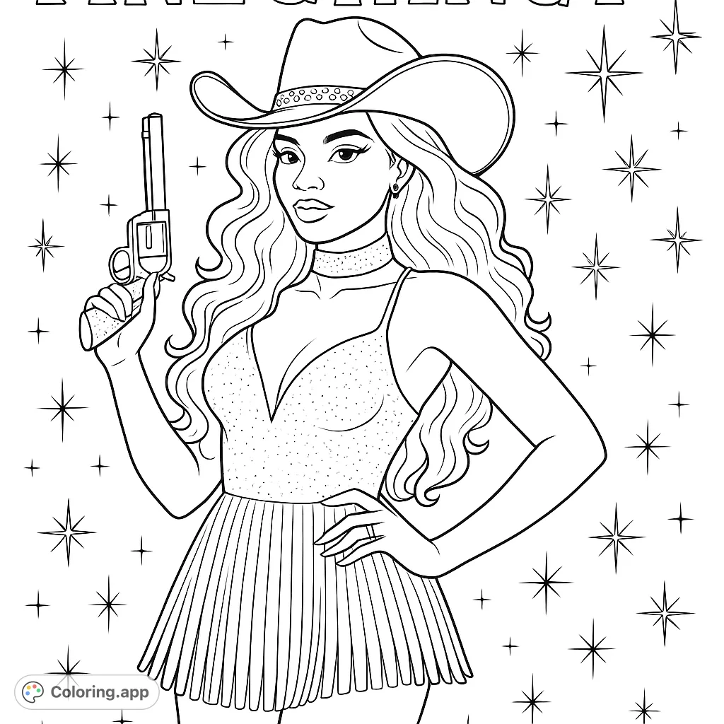A confident cowgirl in a sparkly outfit and hat, holding a revolver, surrounded by dazzling stars. Perfect for a fun, glamorous coloring experience!