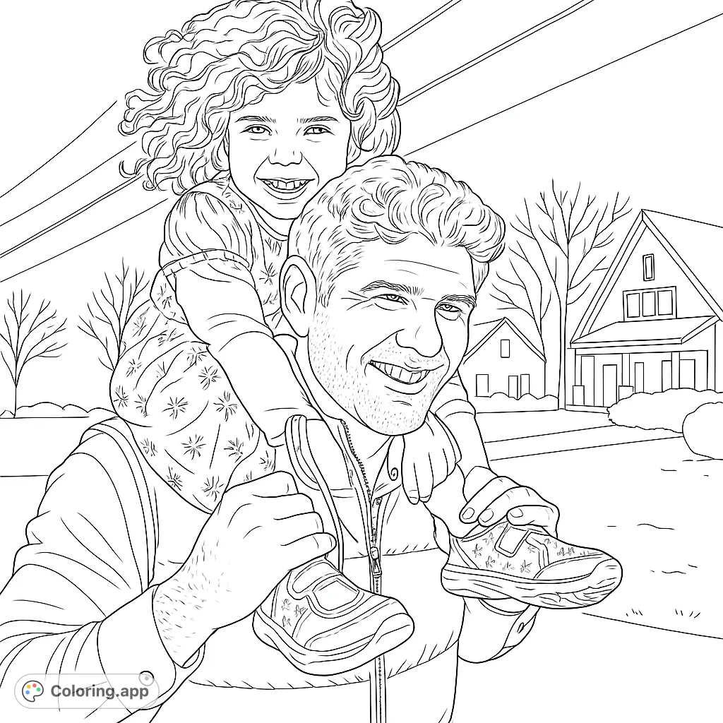A heartwarming father-daughter piggyback ride coloring page, perfect for celebrating family bonds and creating cherished memories.