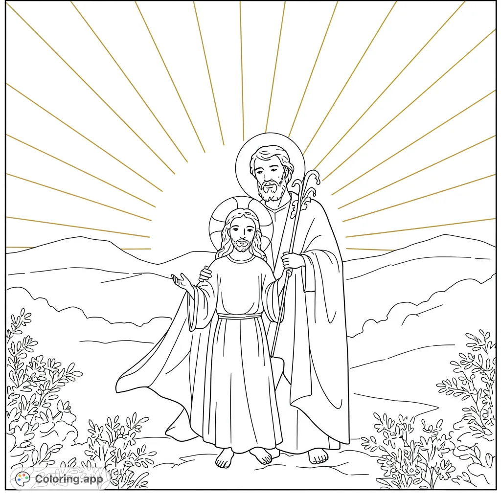 A beautiful religious coloring page featuring Saint Joseph and young Jesus, perfect for spiritual reflection. Free printable Christian coloring page for kids and adults.