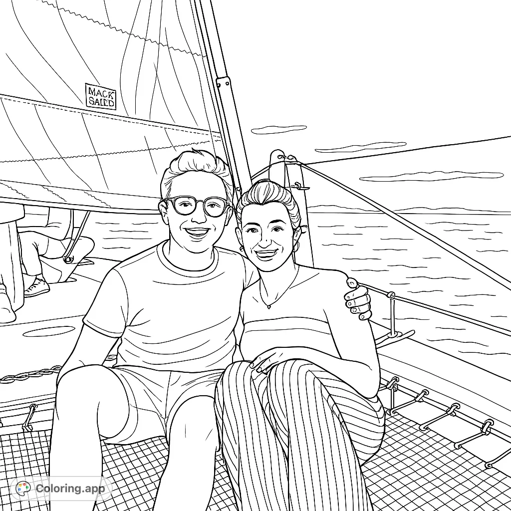 A happy couple enjoys a sunny day sailing on a catamaran, captured in a detailed line art coloring page perfect for all ages.
